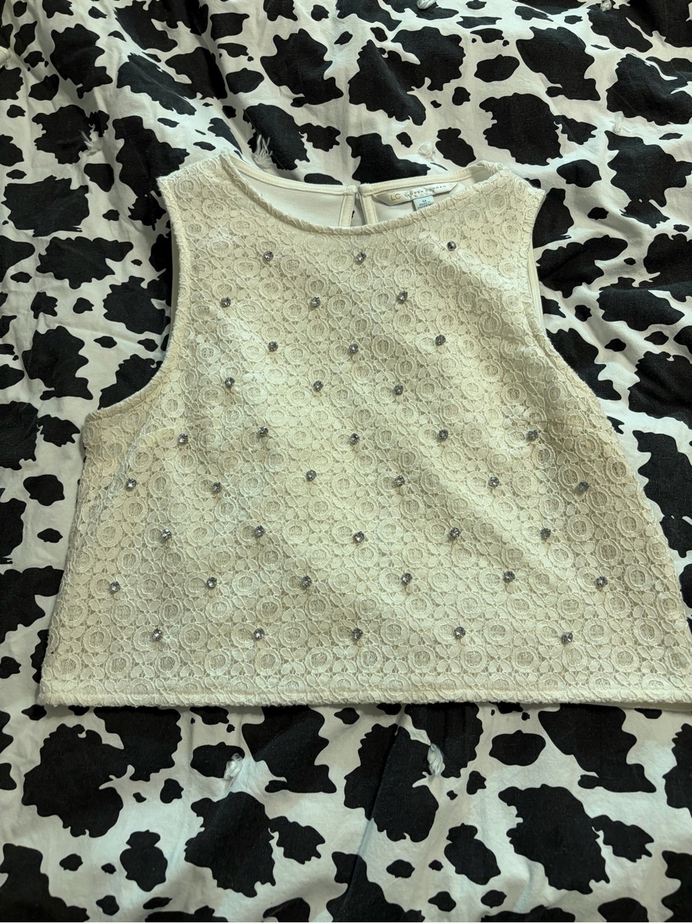 LC Lauren Conrad Ivory Lace Beaded Sleeveless Crop Top